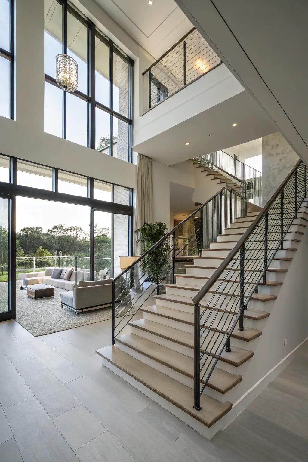 Floating banisters offer contemporary elegance.