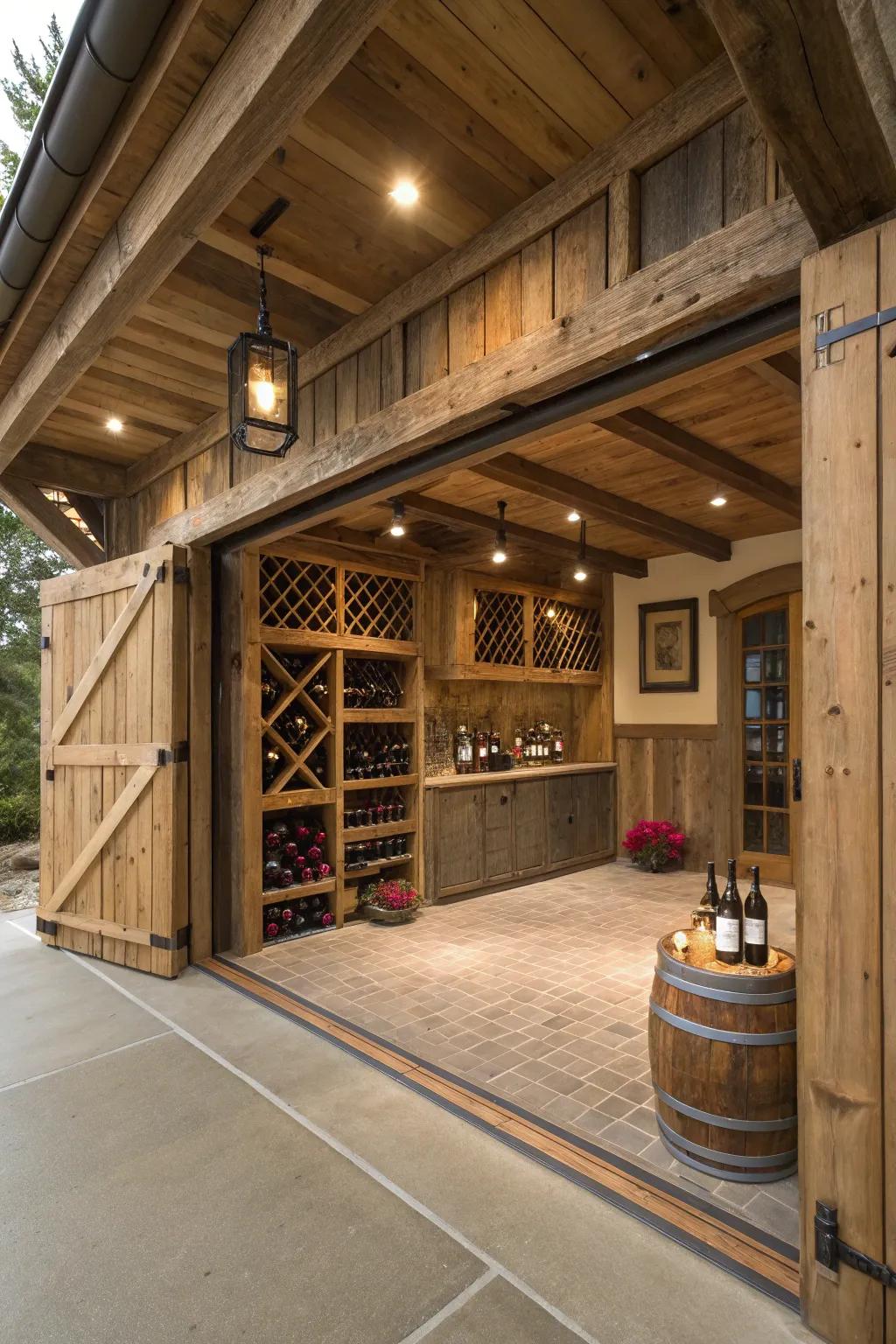 A wine storage nook introduces opulence and personal satisfaction to this barn garage.
