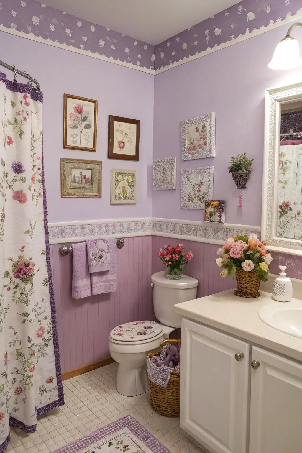 Lilac walls add a lighthearted and soothing touch to the bathroom.
