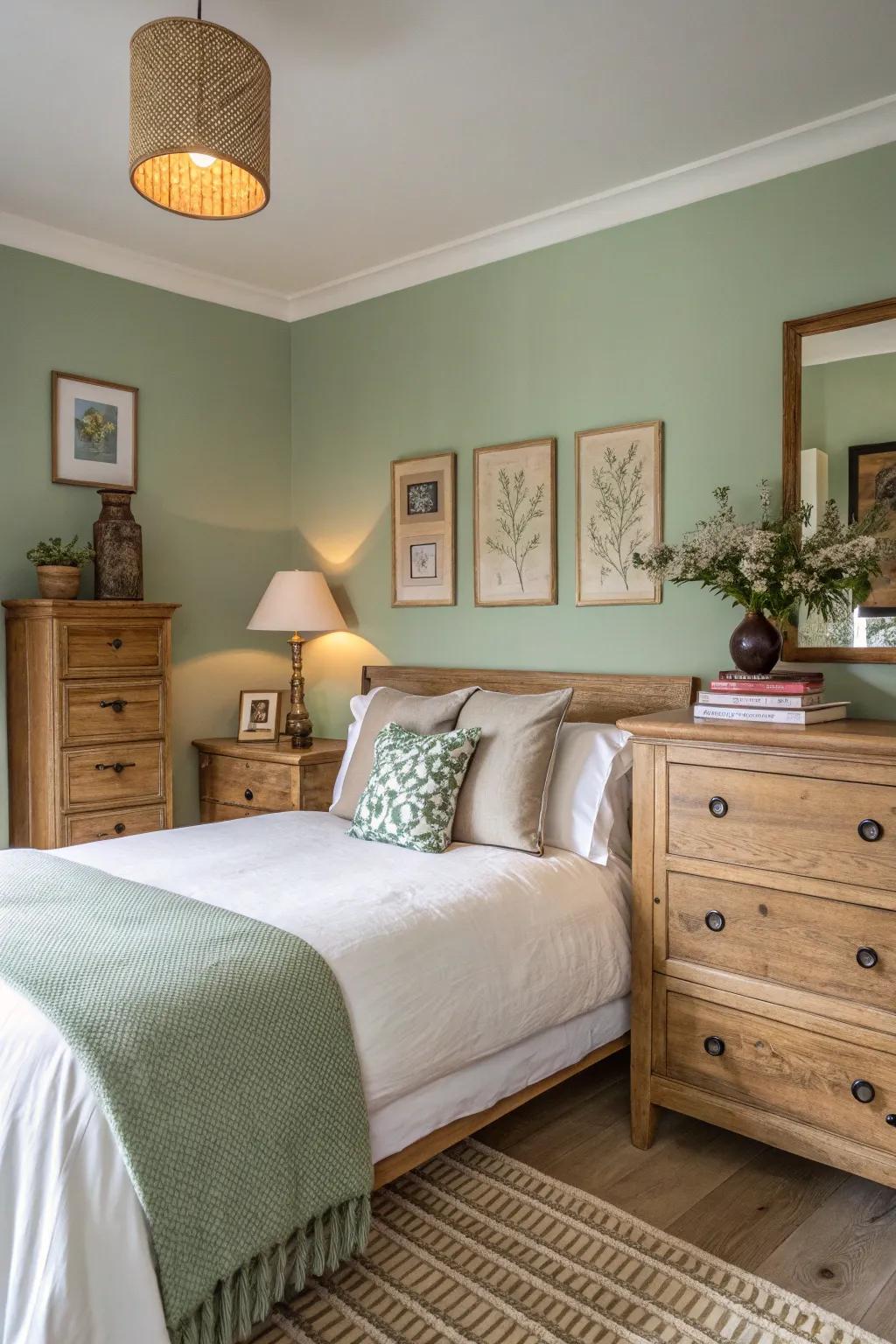 Calming sages furnish a peaceful and harmonious bedroom retreat.