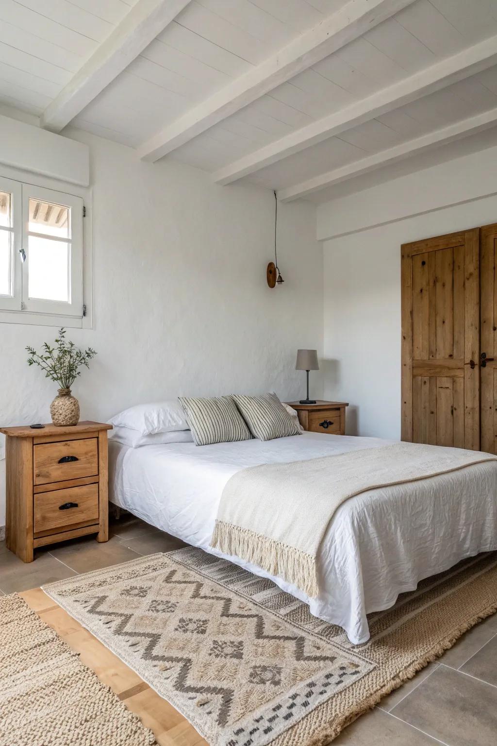 The bedroom's sensation of calm is improved by minimalist décor.