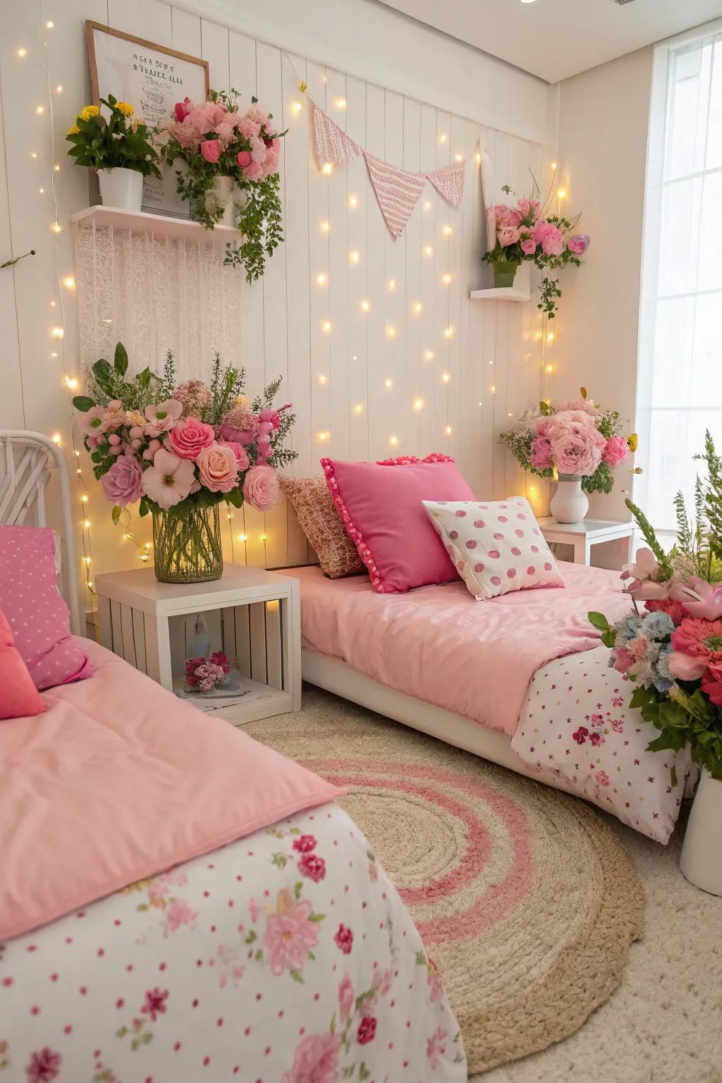 Whimsical feminine touches like pink cushions and floral arrangements add a delicate feel to this bedroom.