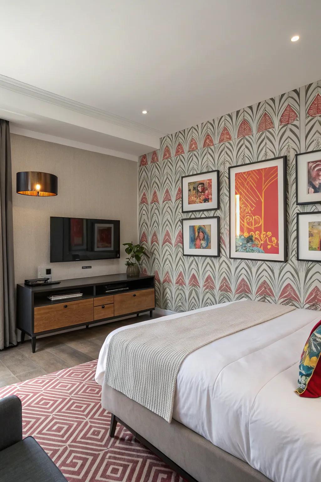 A feature wall adds depth and focus to your bedroom television area.