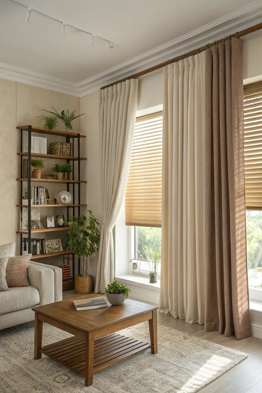 Layered window designs combining blinds and curtains for a dramatic effect.