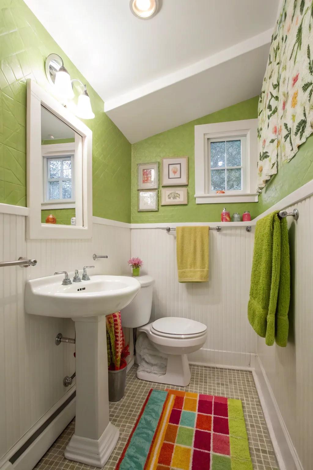 A bright and cheerful bathroom with celery green walls.