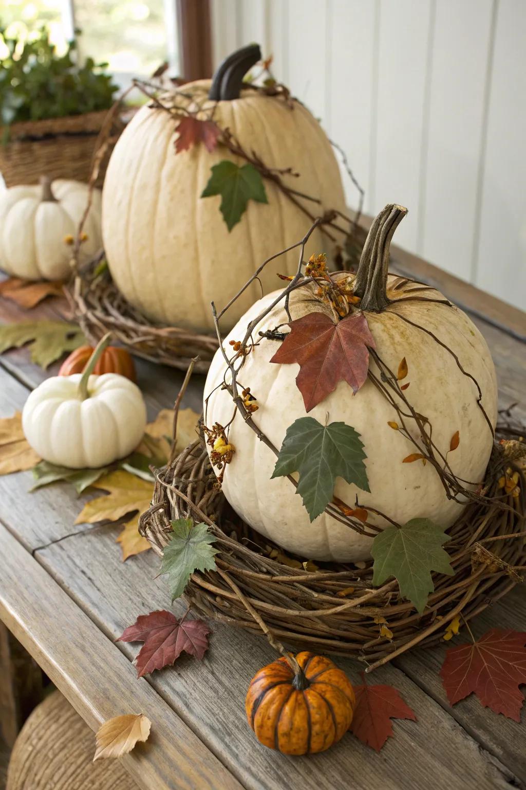Incorporate natural textures through pumpkins adorned with branches and foliage.