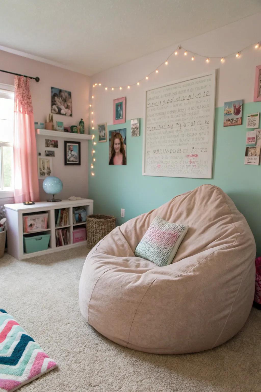 A plush seating bag providing a playful and comfortable seating area.