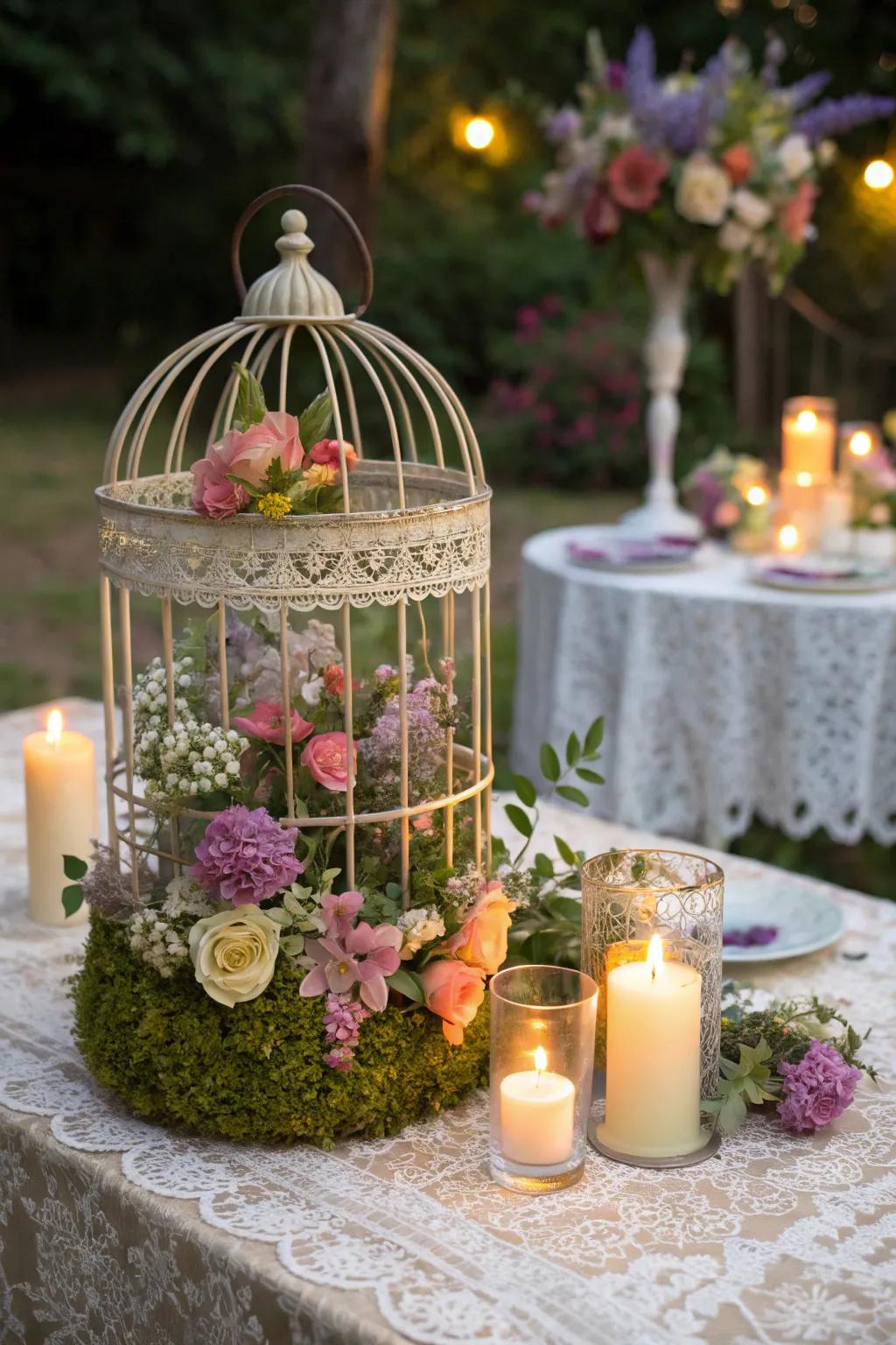 A bird cage makes a delightful centerpiece for a garden occasion.