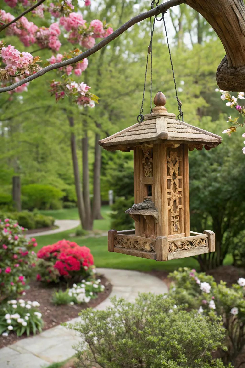 An artisanal wooden feeder that offers unique beauty to your garden.