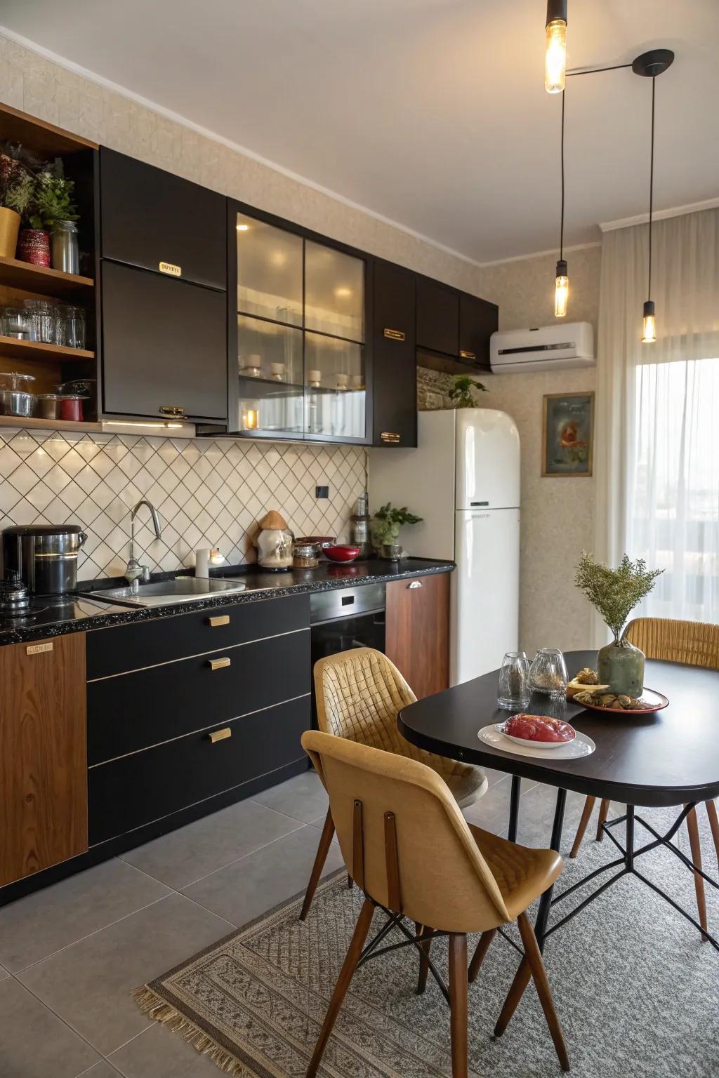 Mid-century modernist style with ebony worktops.