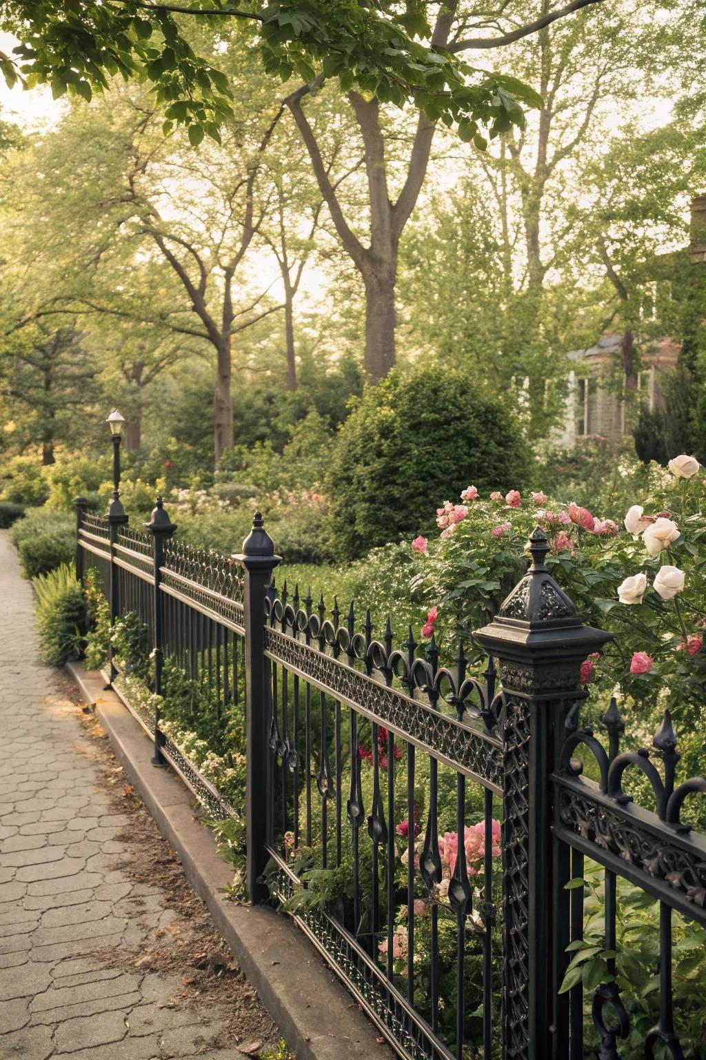 A dark fence with intricate details introduces bygone charm to the garden.