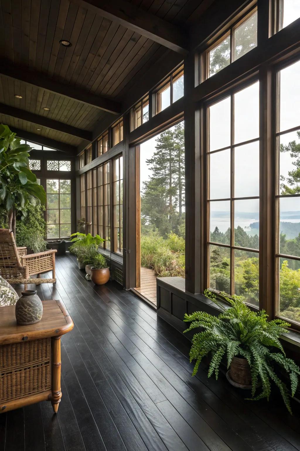 Seamless indoor-outdoor transition with dark floors.