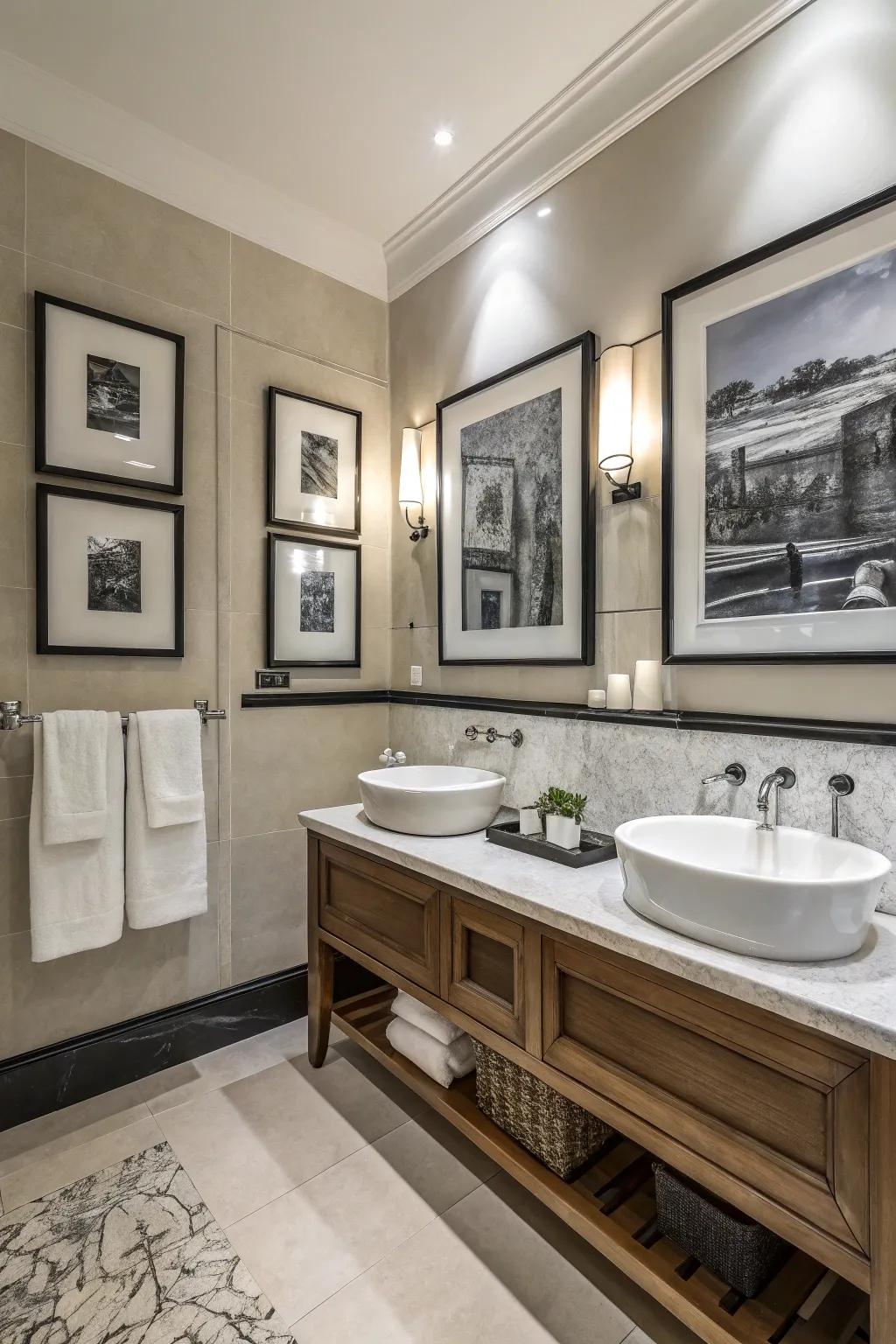 Black and white art adds personality and focal points to this bathroom.