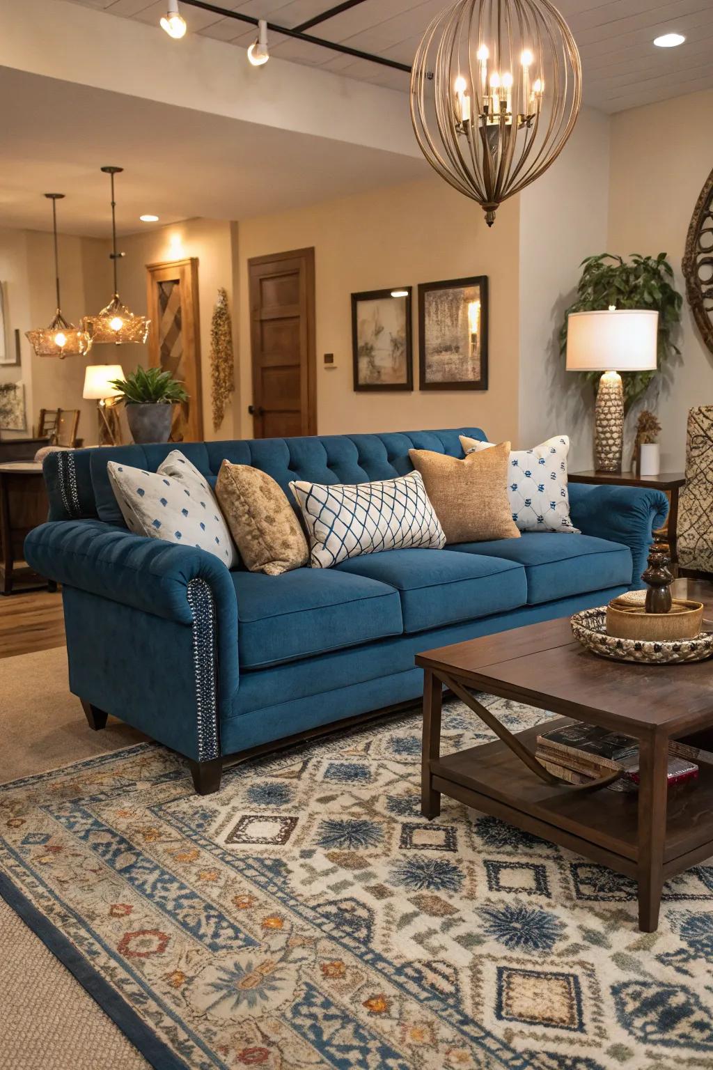 Statement furniture complements and elevates a sapphire sofa setting.