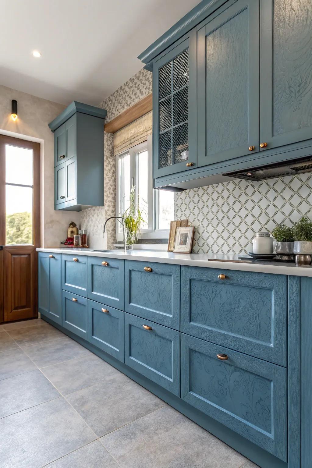 Structured planes atop azure cabinetry integrate depth and a tactile component into the cooking space.