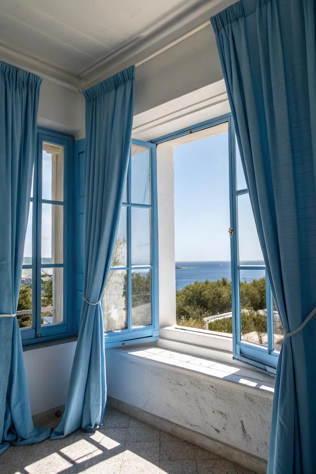 Azure window dressings add hue and sophistication to your room.