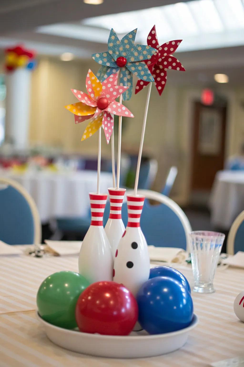 Playful whirligigs add whimsy to your bowling-themed centerpiece.