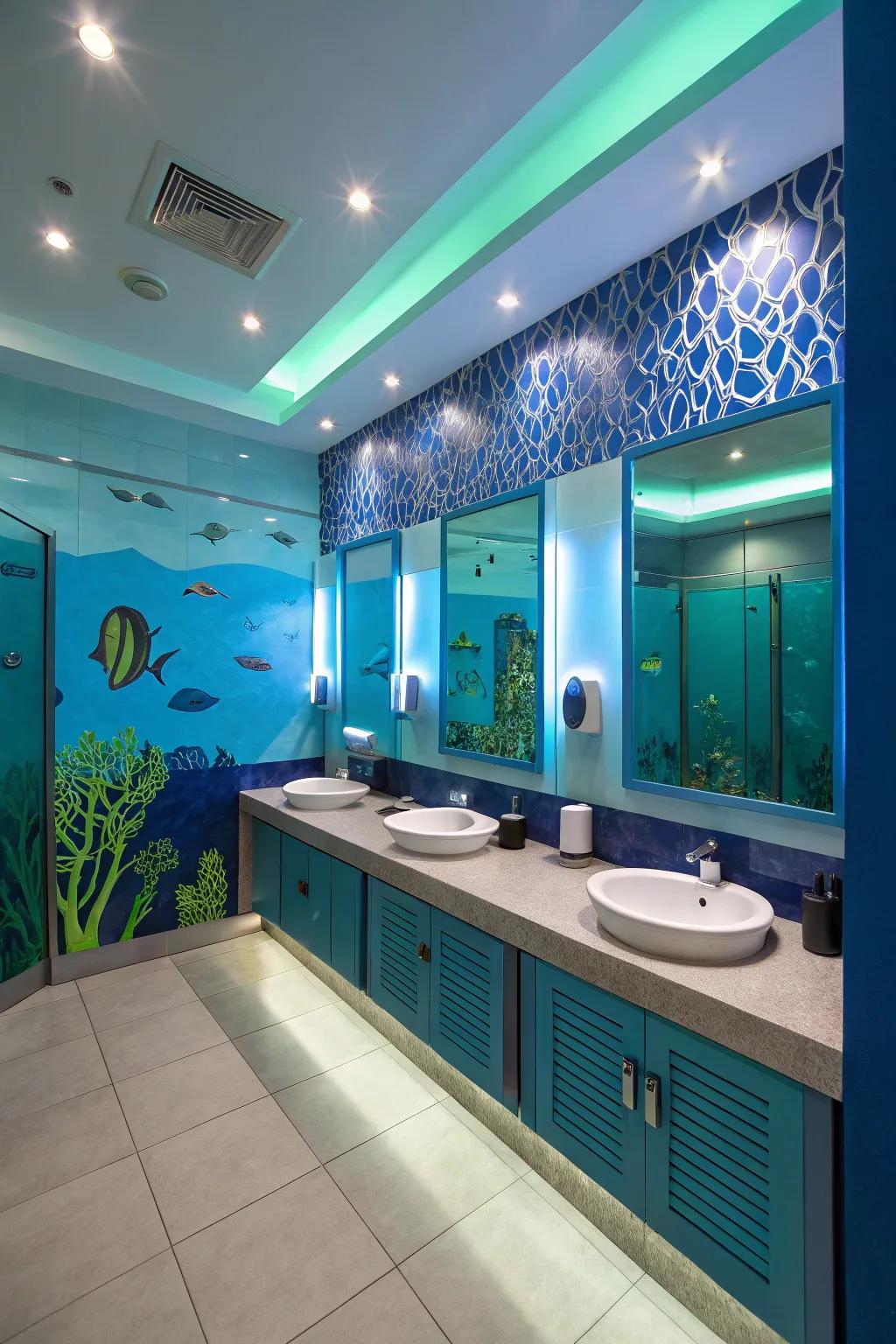 Water-inspired illumination creates a serene atmosphere in a boys' bathroom.