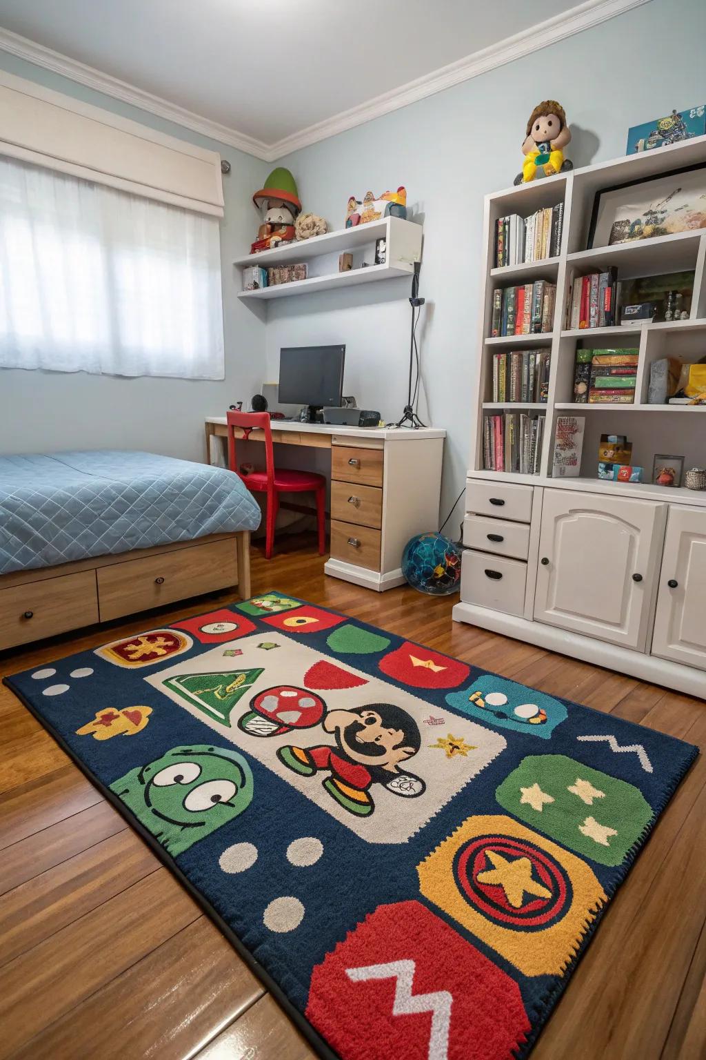 A rug exhibiting gaming themes introduces warmth and enhances the room's ornamental appeal.