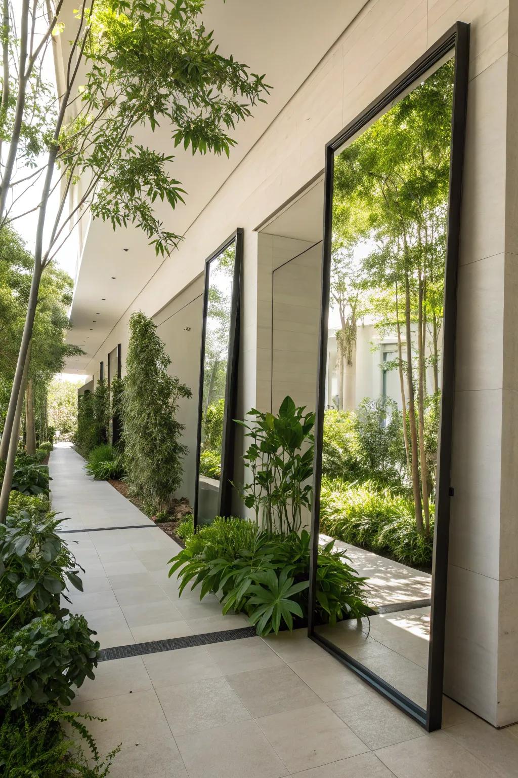 Mirrors amplifying the breezeway’s sense of space and light.