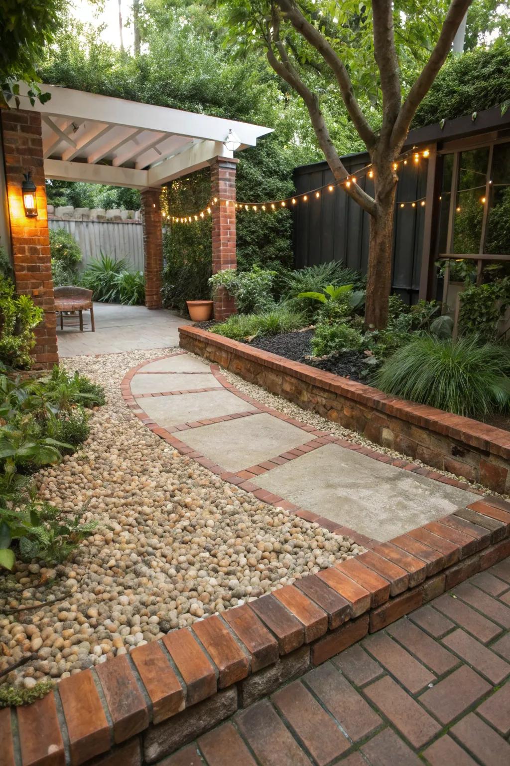 Pebbled ground cover with brick borders offers natural beauty and minimal upkeep.