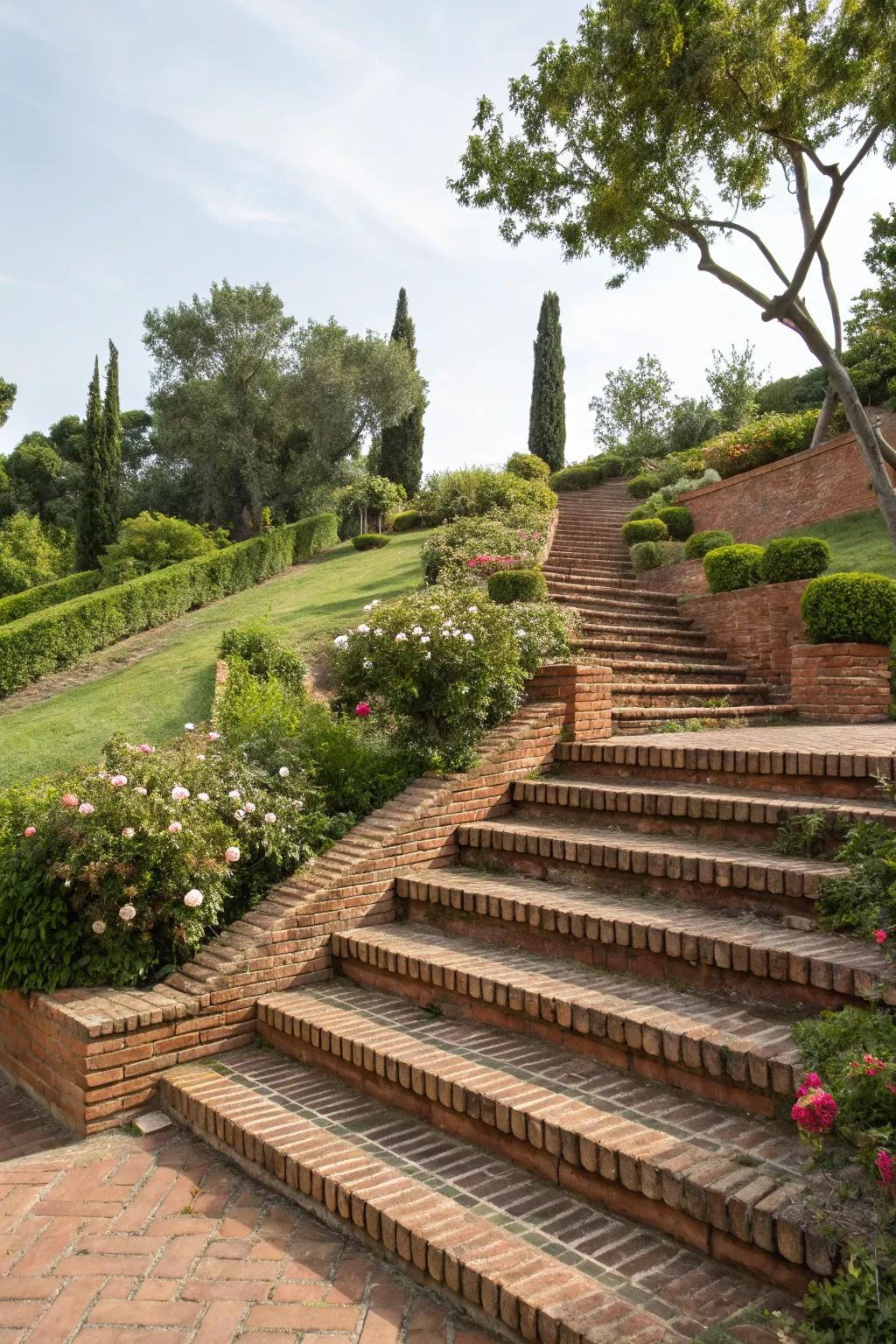 Terraced brick steps incorporating dimension to a sloped garden.