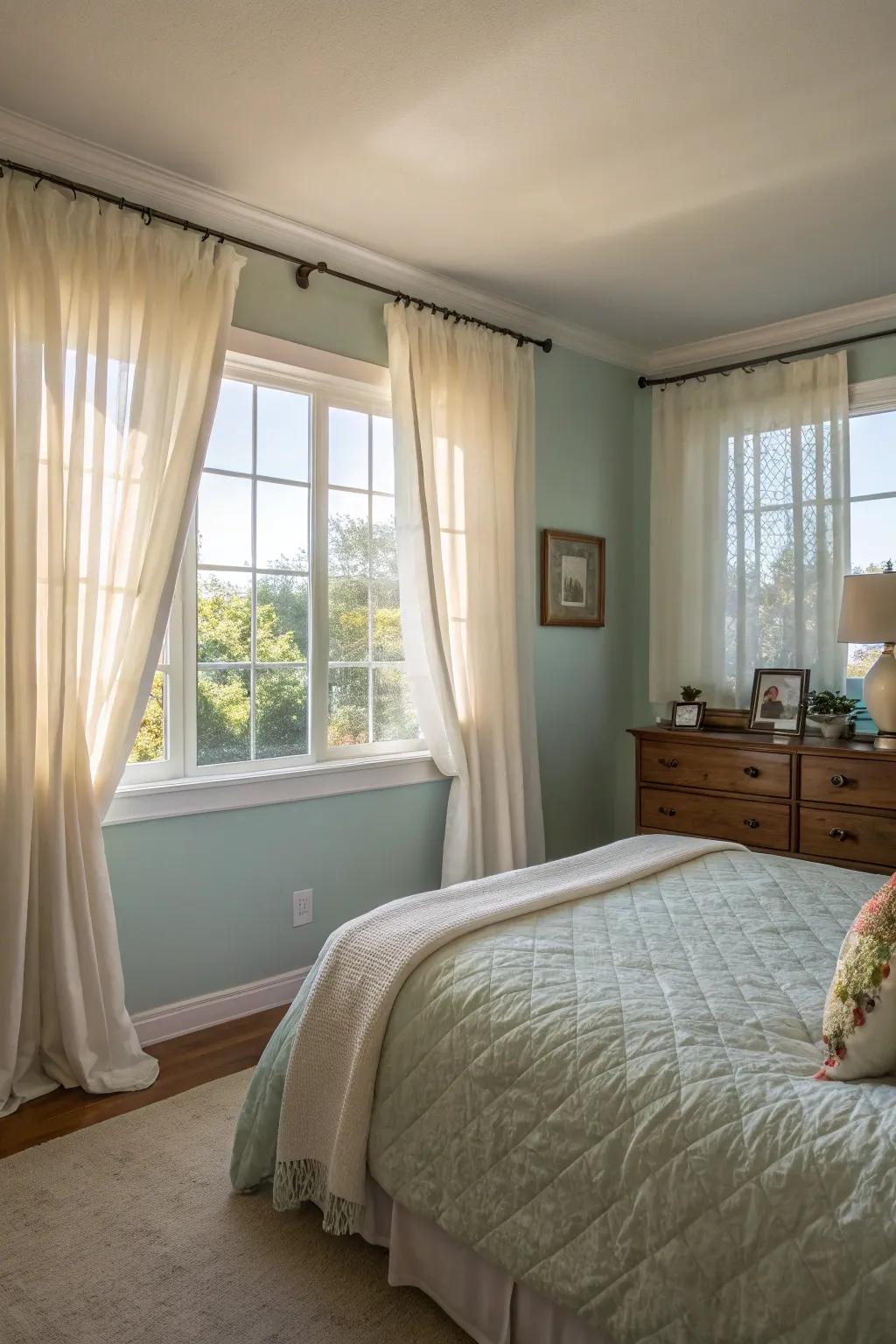High window coverings create an illusion of height and elegance in the bedroom.