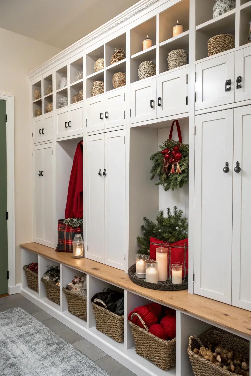 Seasonal decor neatly stored in custom-built storage.