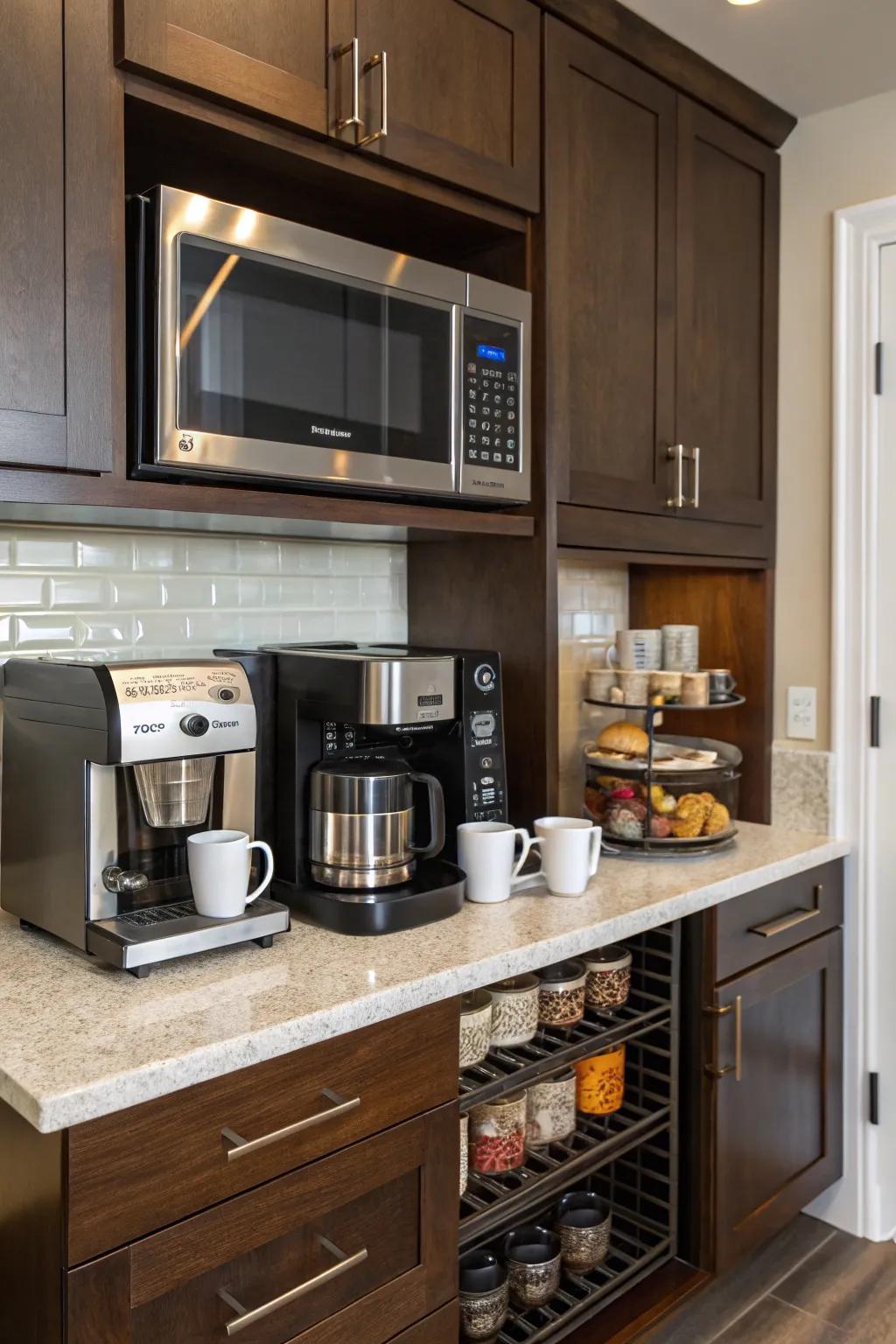 Chic kitchen design featuring a wave emitter positioned over a coffee bar.