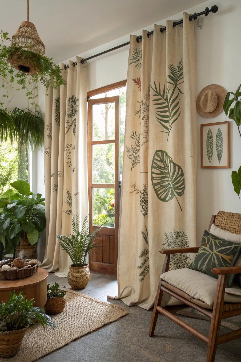 Nature-inspired elegance through flora-print material window coverings.
