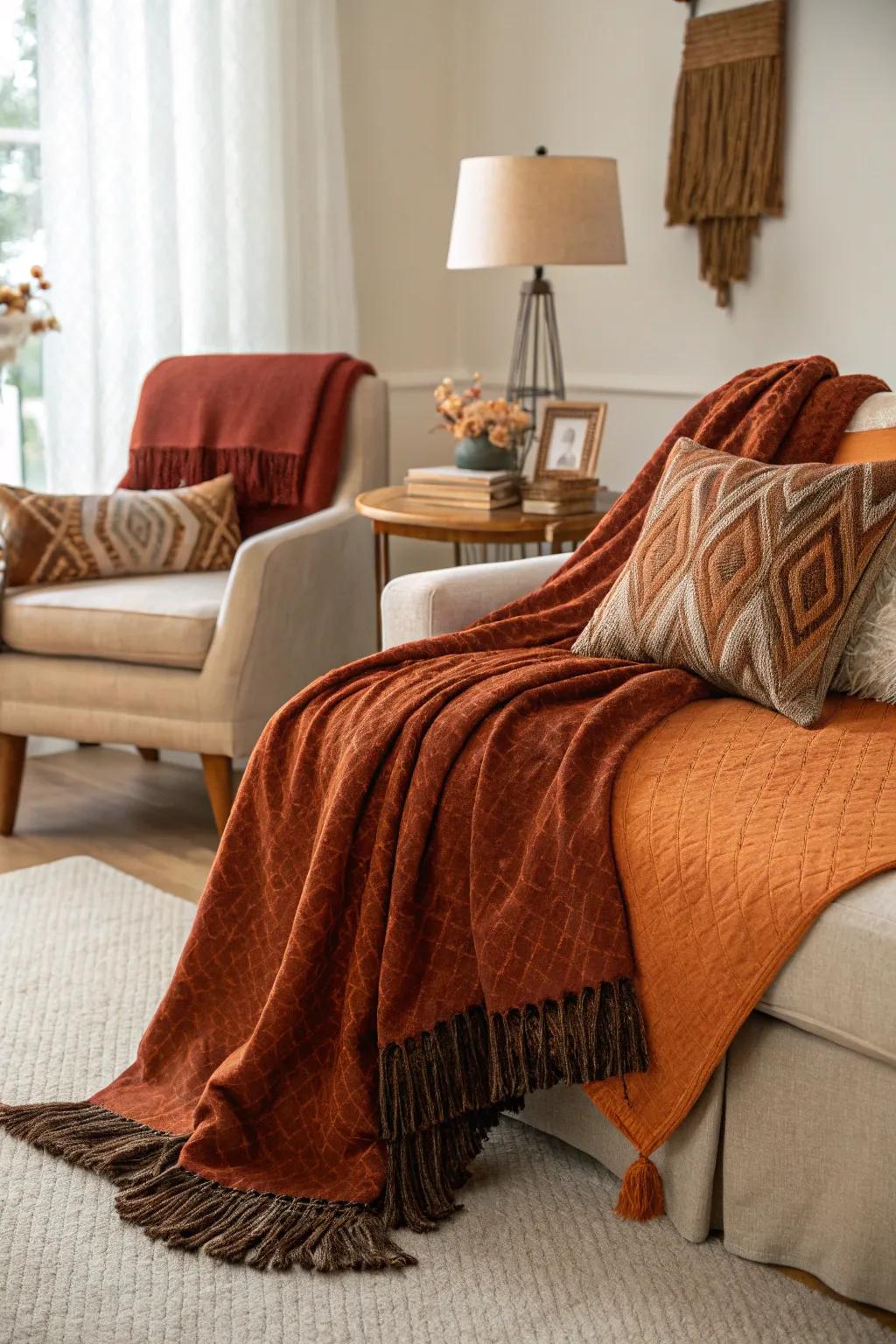 Reddish-brown and chocolate throws provide warmth and style.