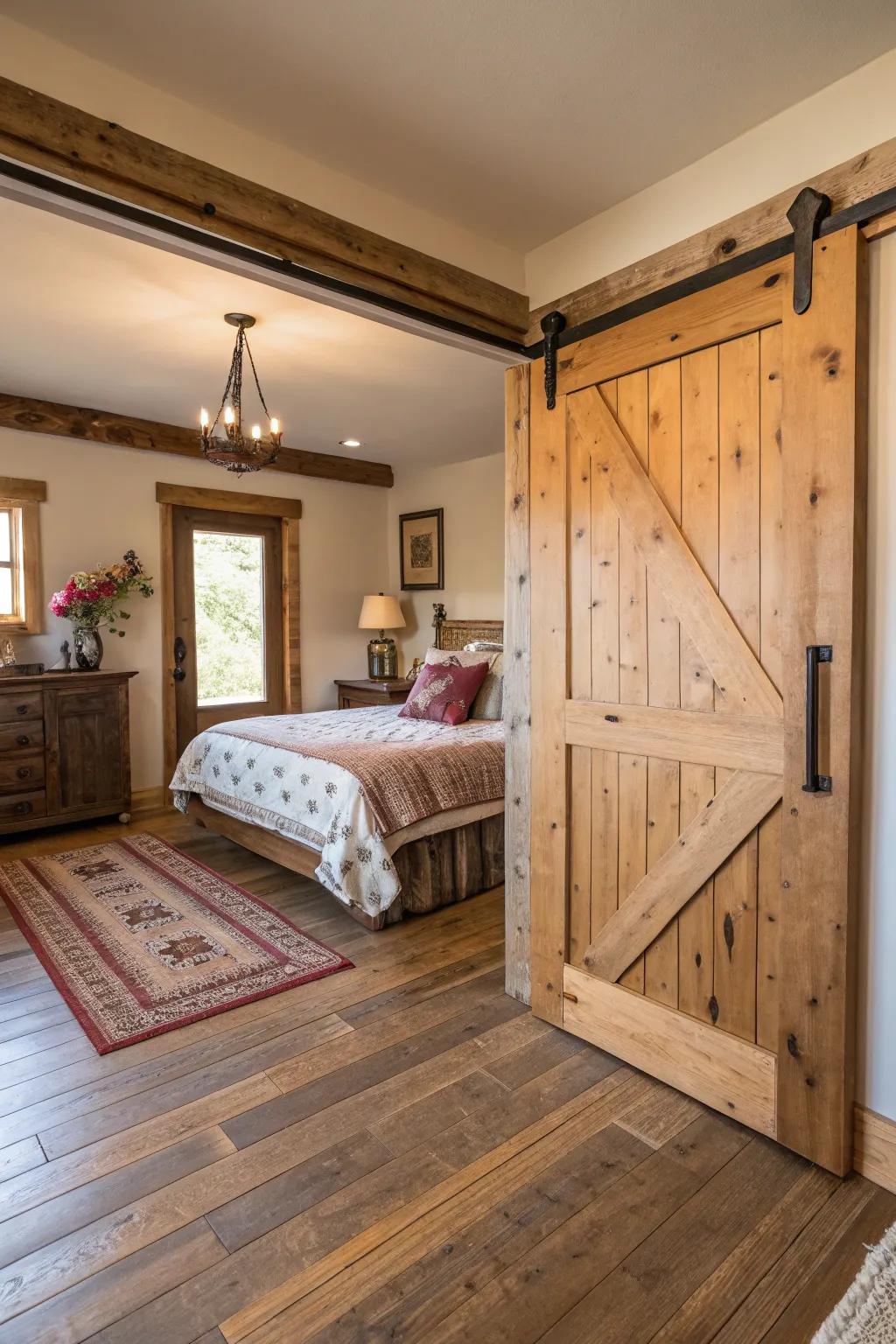 A sliding barn door contributing homespun style and practicality.