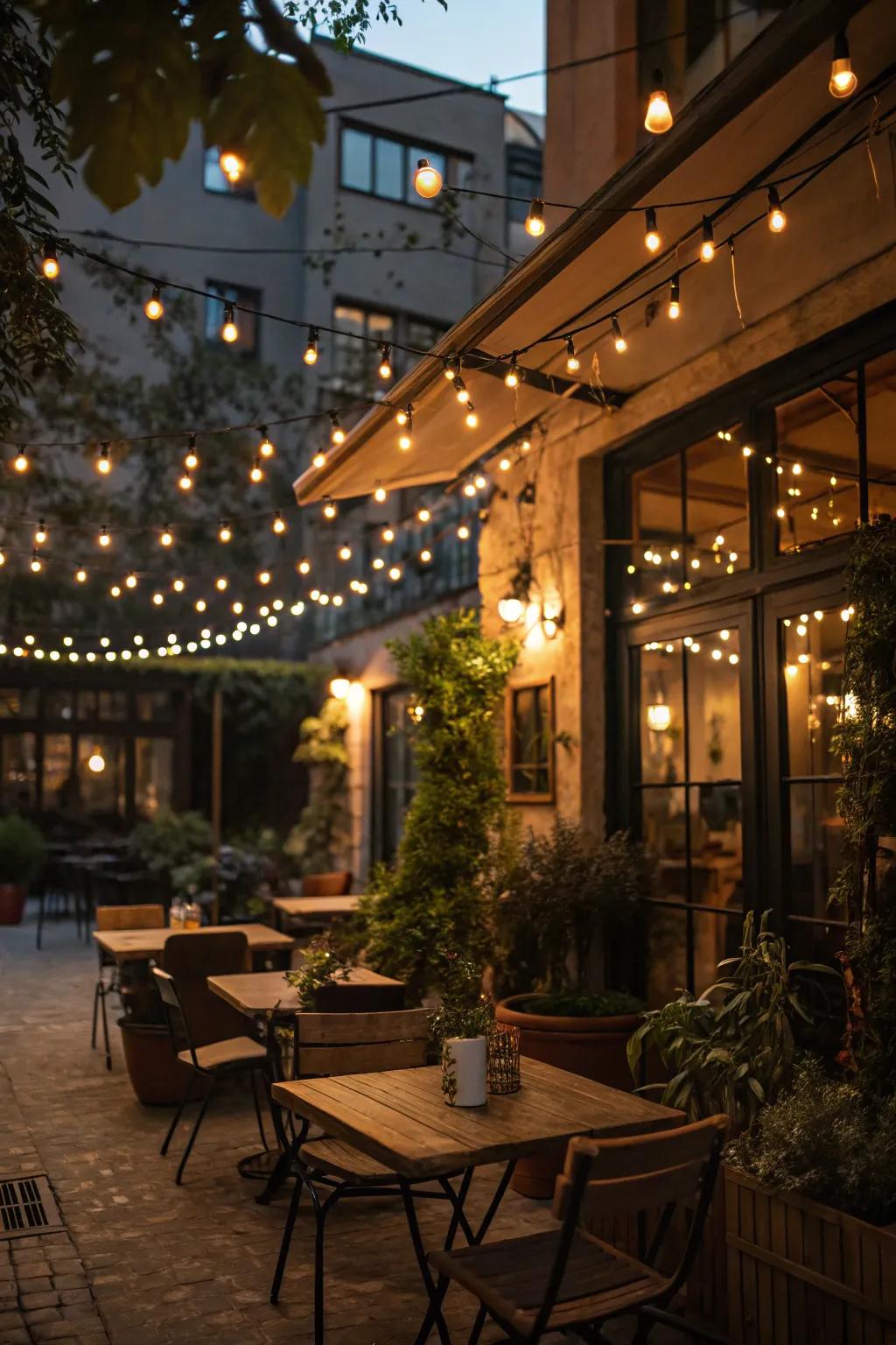 Flexible string lighting contributing charm to both interior and exterior cafe settings.