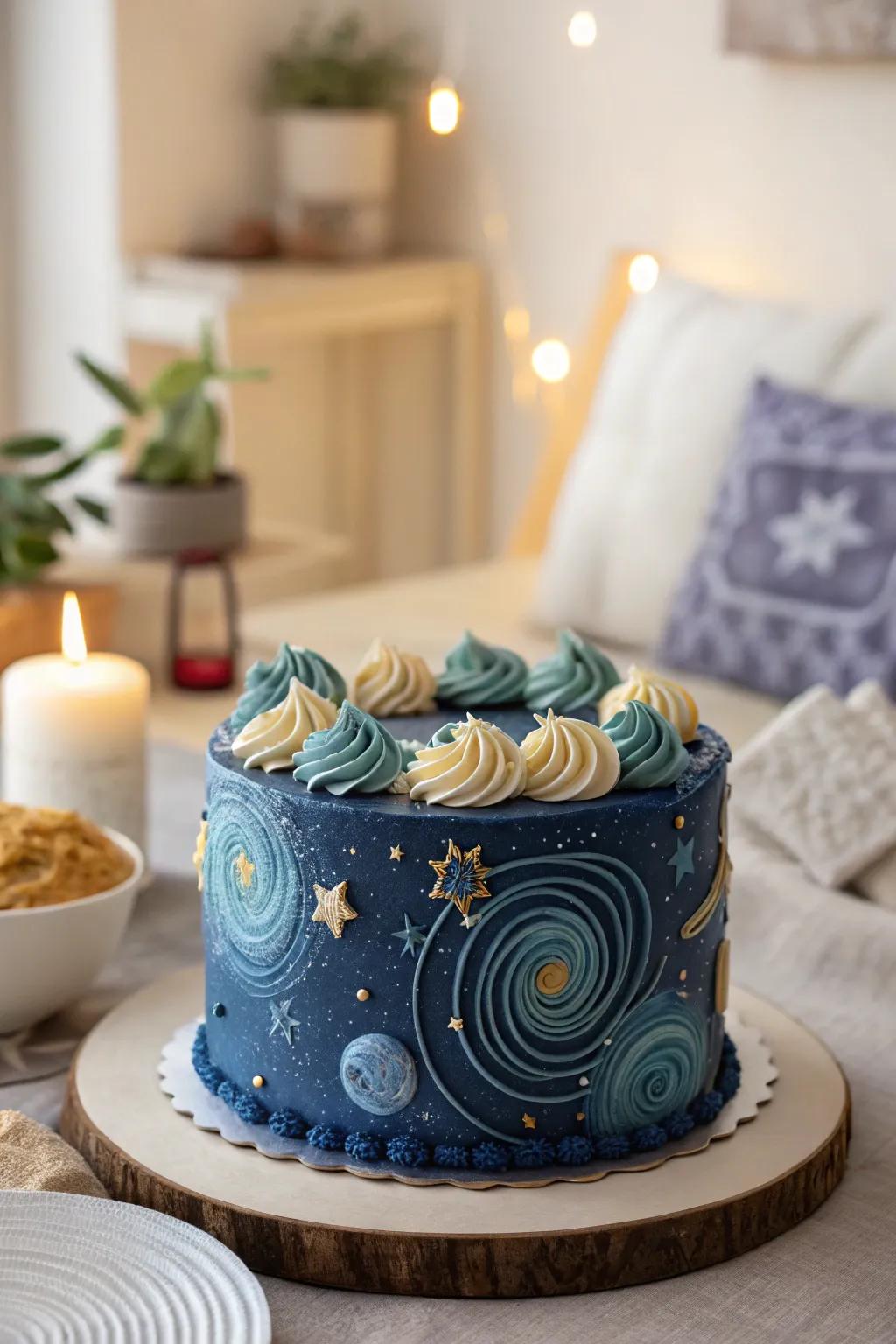 Dreamy stellar compositions in buttercream, crafting an enthralling cake