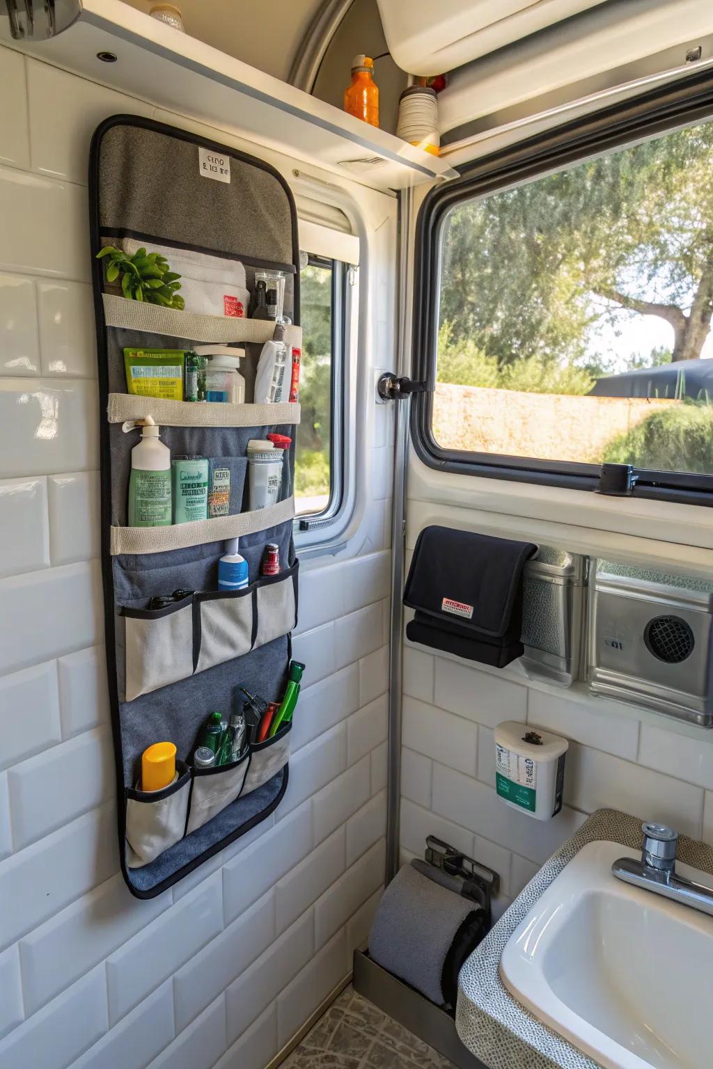 A space-saving toiletries organizer in a mobile home washroom.