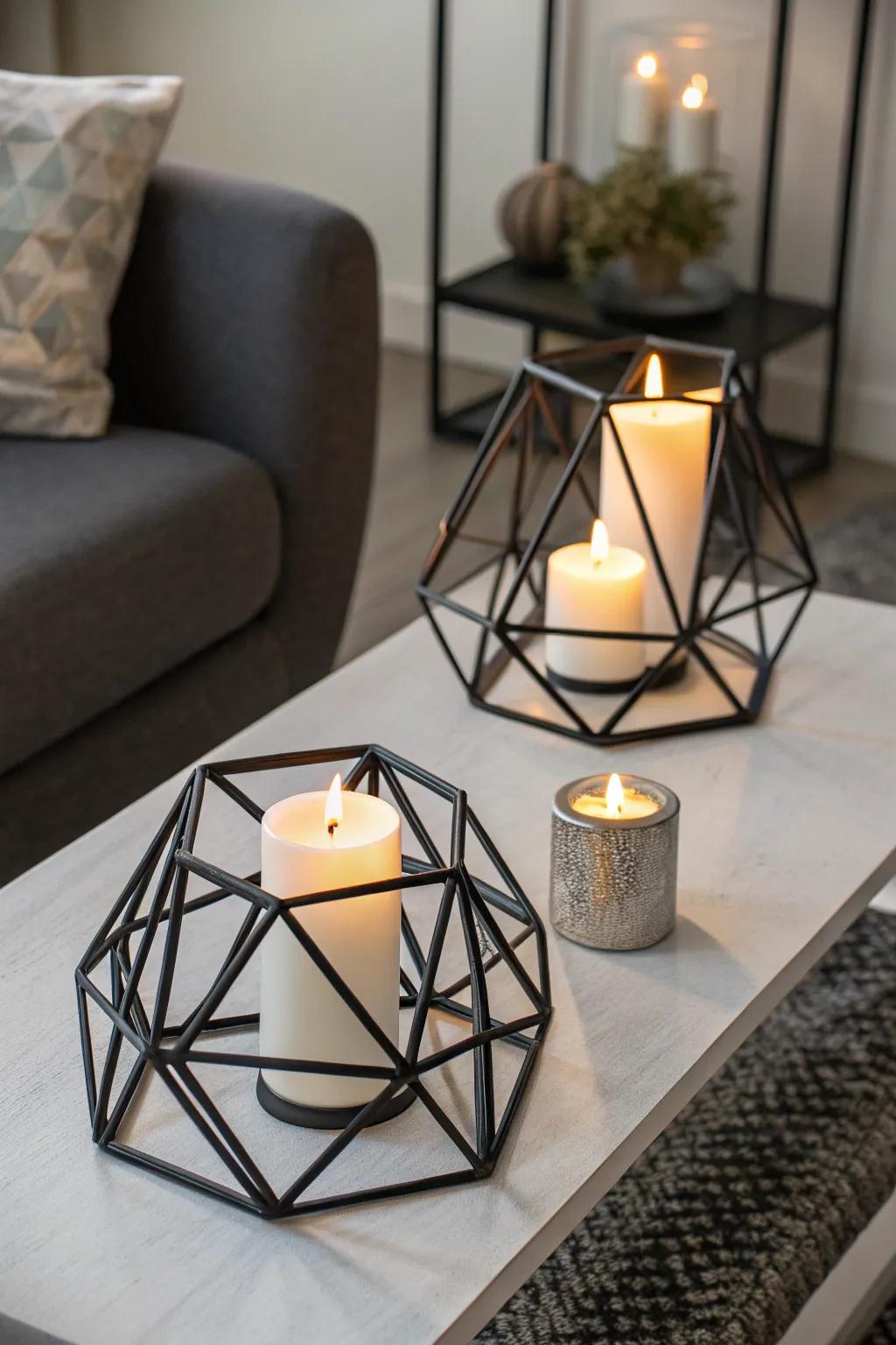 Striking modern declaration through geometrical candle stands.