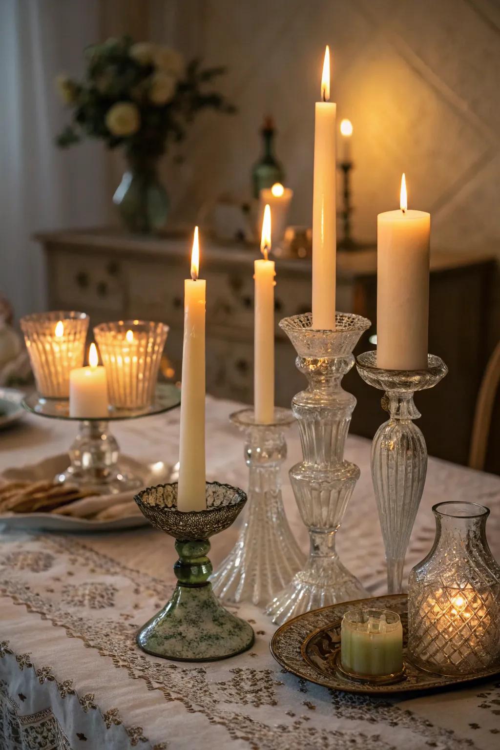 Captivating lights styled in vintage glassware.