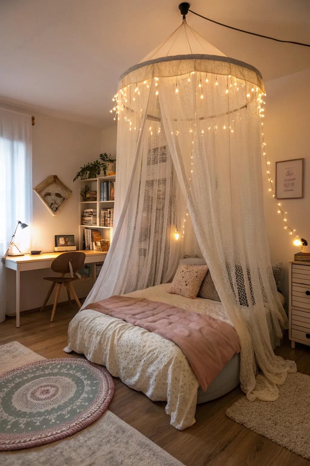 A circular four-poster adds sophistication and a unique touch.