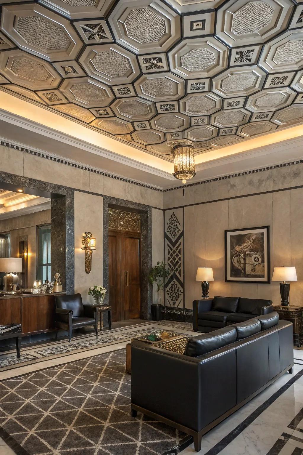 An Art Deco inspired room featuring geometric ceiling squares.