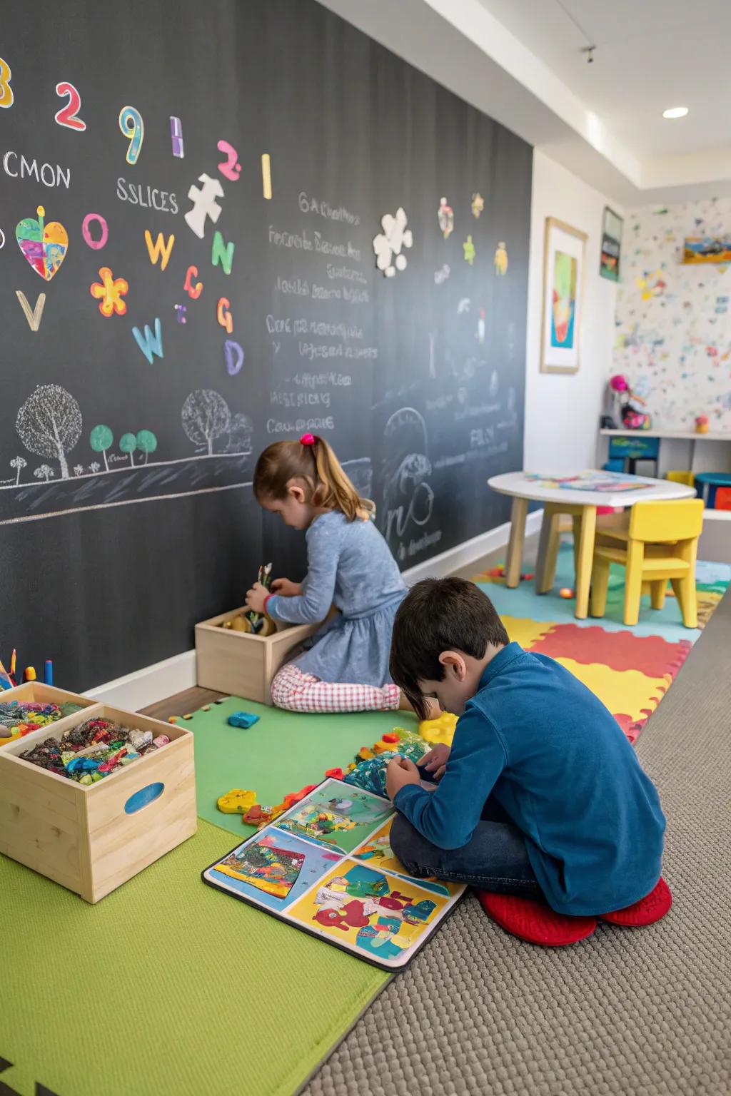 A puzzle area next to a chalkboard wall improves problem-solving.