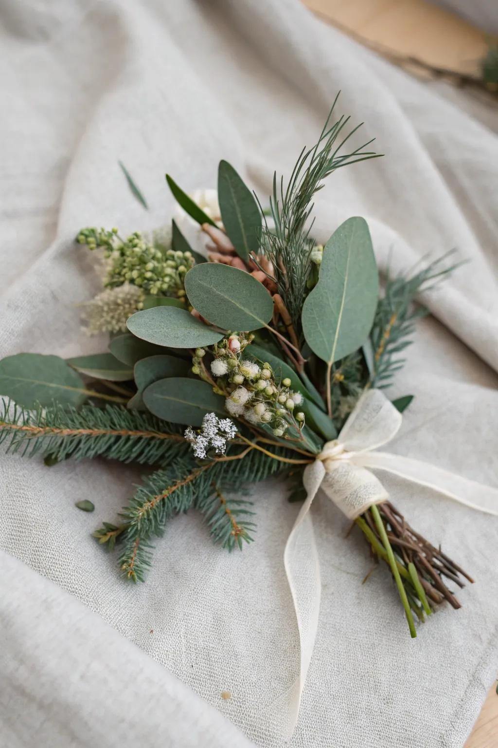 A modern holiday adornment featuring eucalyptus foliage.
