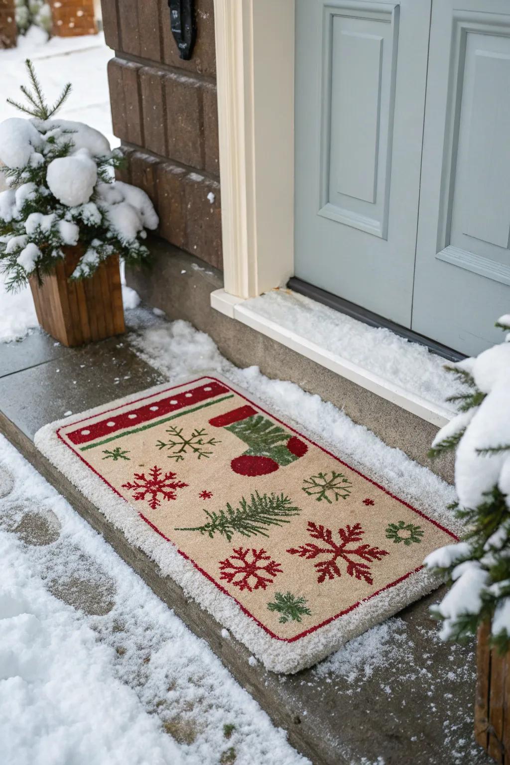 A joyful door floor covering includes a cheerful touch to this holiday entry.