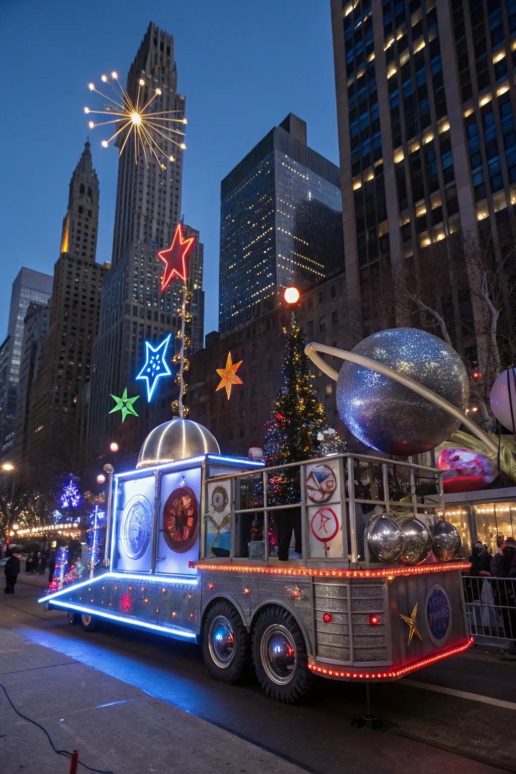 A futuristic Space Age Christmas float, commemorating the holidays from another galaxy.