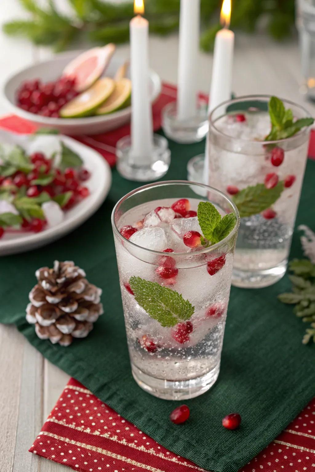Celebratory pomegranate and mint ice cubes intended for holiday drinks.