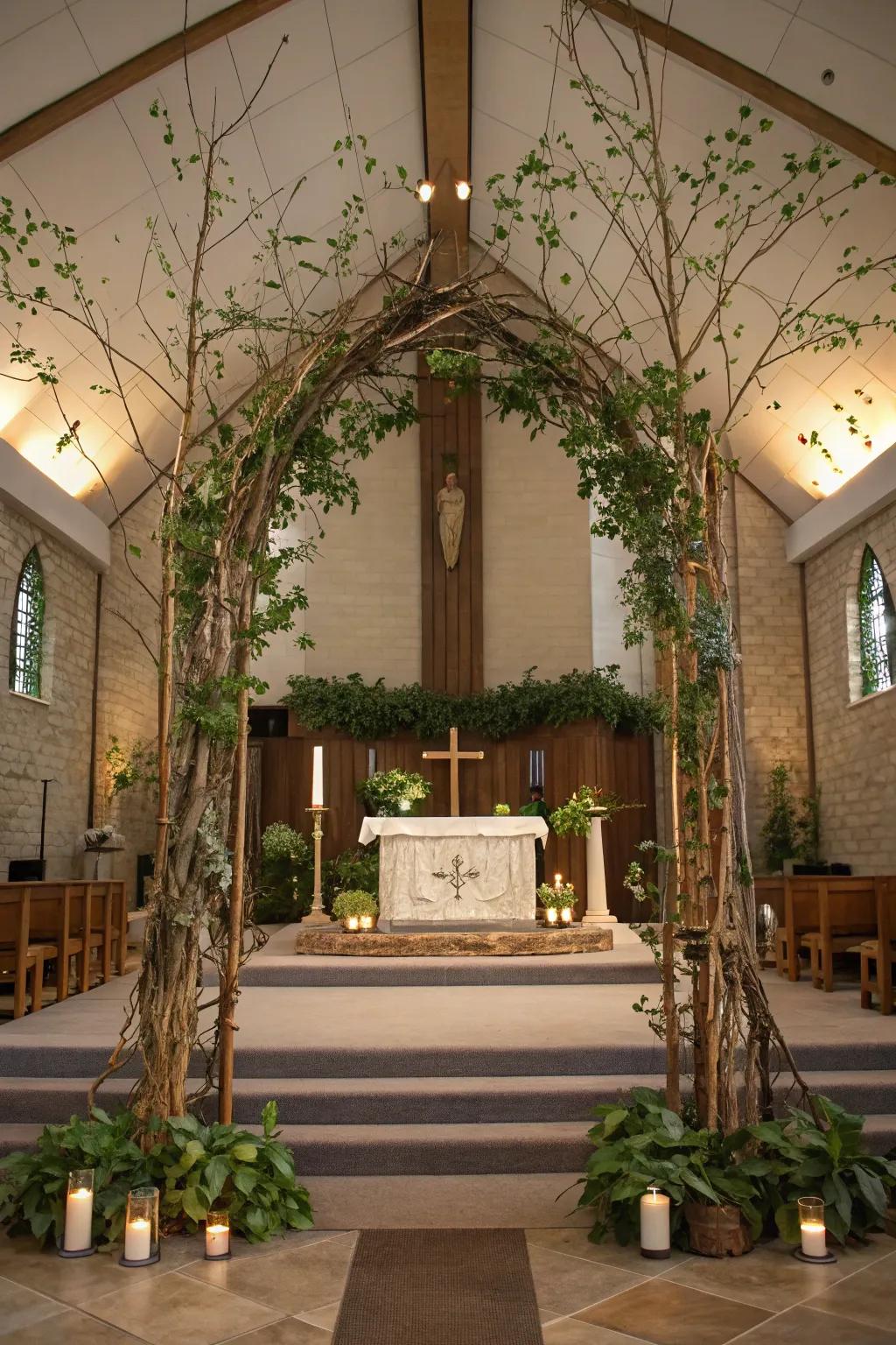 An altar featuring elements inspired by nature, which cultivates a tranquil and organic environment.