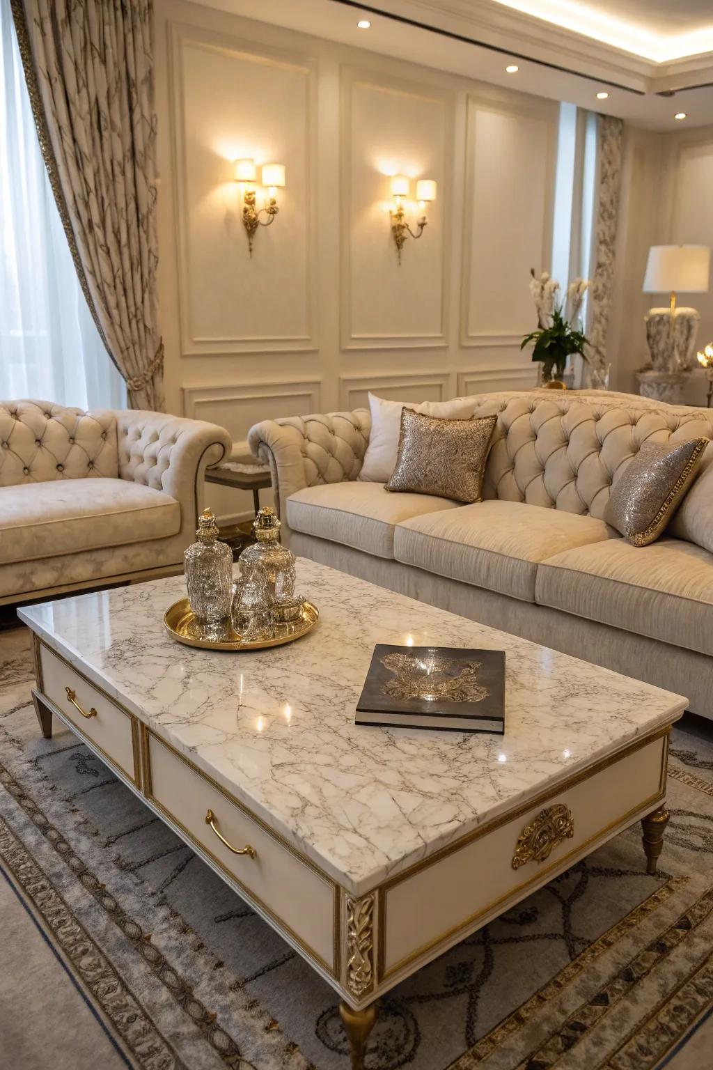 A marble center table adds luxury and sophistication to a living room.