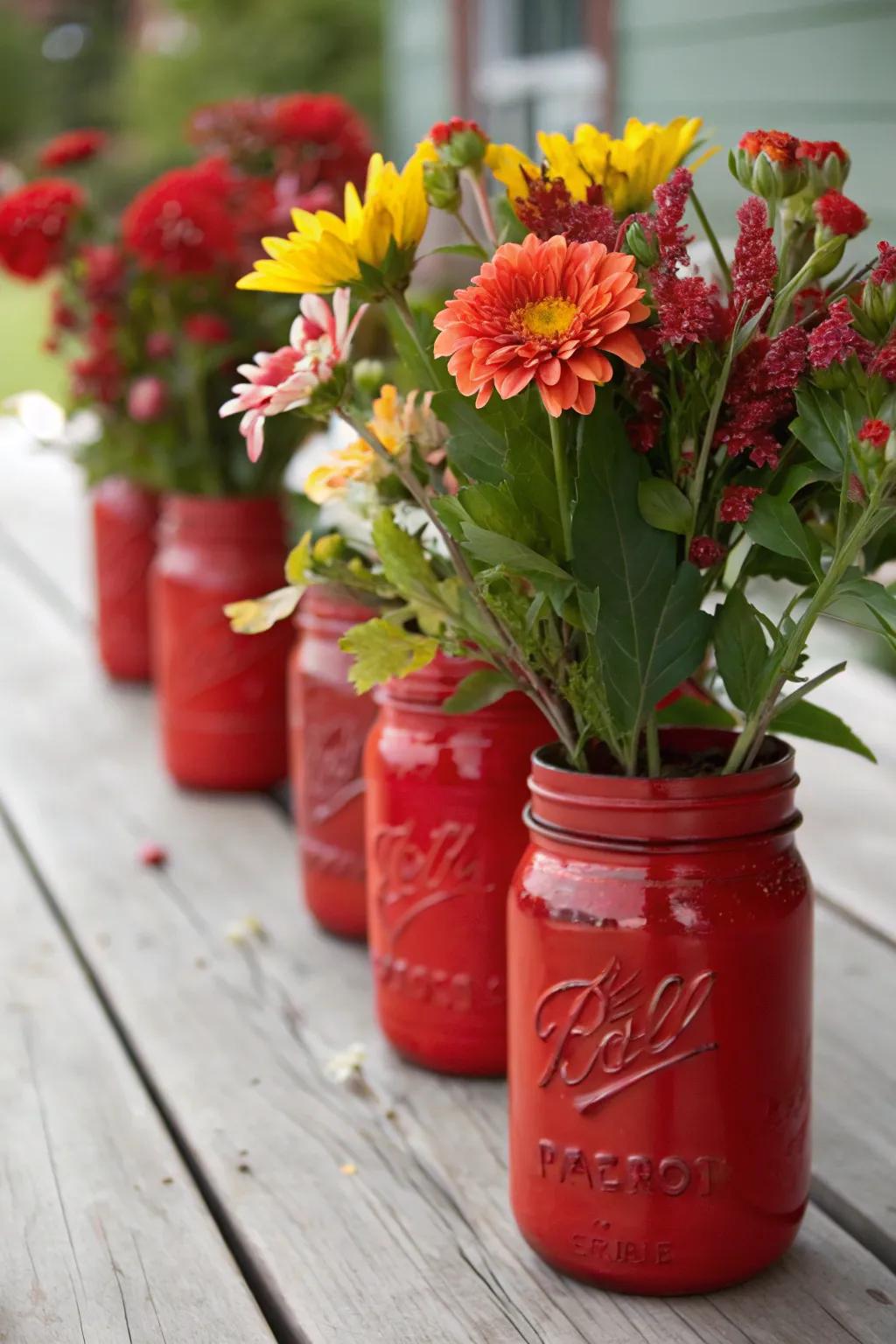 Chic red-colored jars serving as versatile decor pieces.