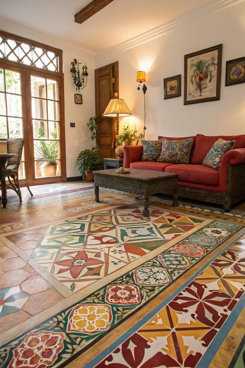 Dynamic floor patterns add an unexpected twist to this bold living area.