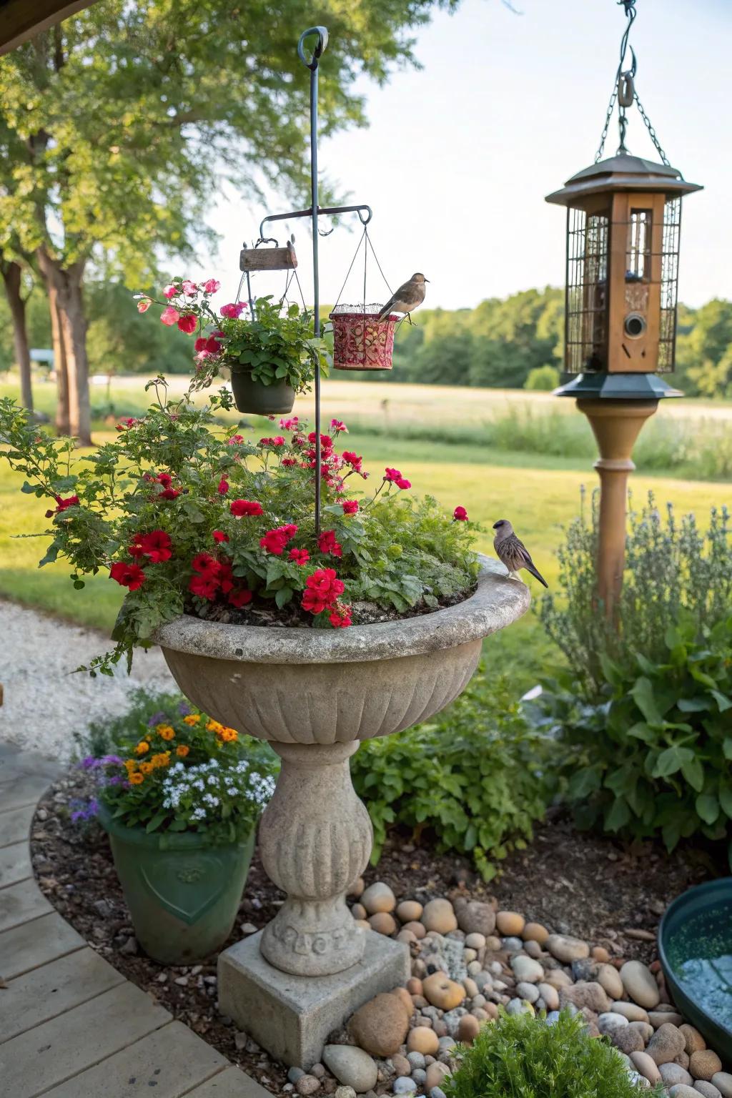 Bird-friendly features in a container garden.