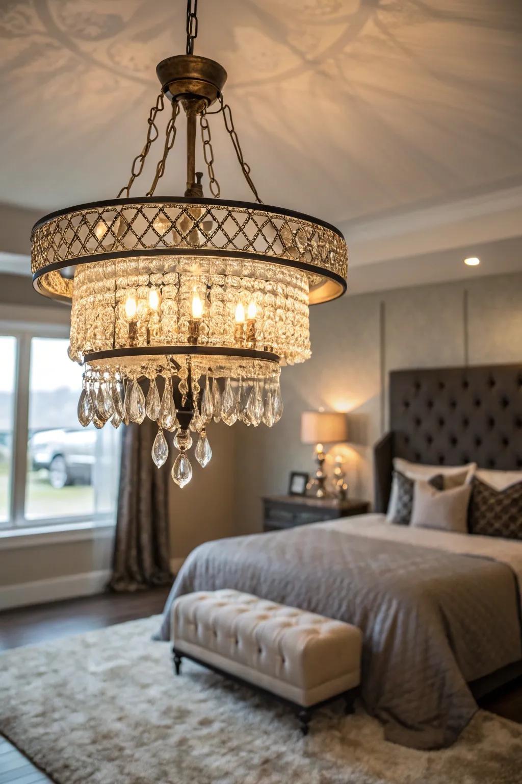 Dramatic lighting with statement pieces adds drama and focus to your bedroom.